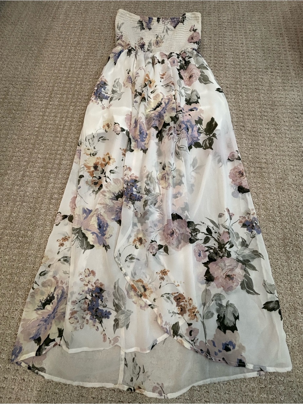 White Strapless Floral Dress with Lavender and Blush Blooms